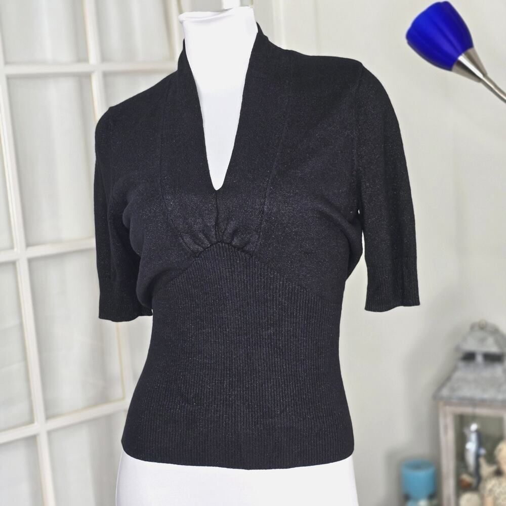 Y2K Metallic Black Figure Hugging Ribbed Knit Top Size XL